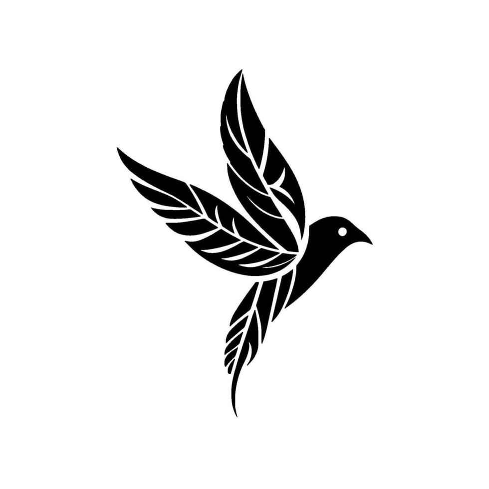Stylized Black and White Bird Silhouette with LeafLike Feather Detailing, Representing Freedom and Natures Beauty. vector