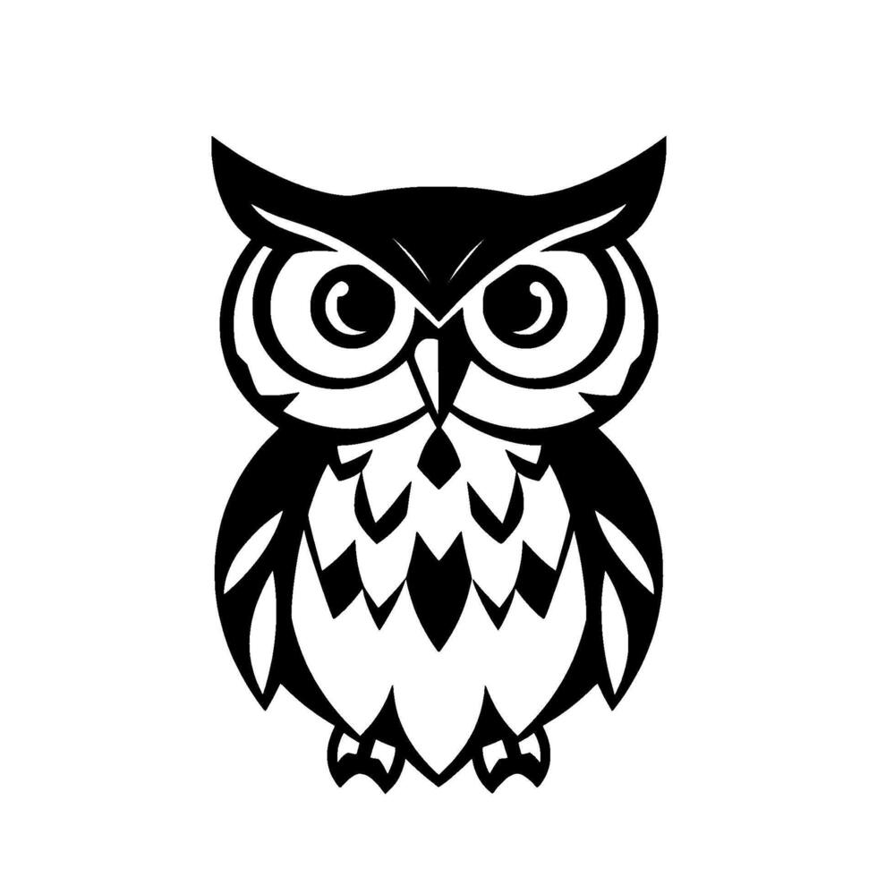 A stylized, minimalist black and white illustration of a symmetrical owl with large, focused eyes, a geometric chest, and sharp talons, set against a stark white background. vector