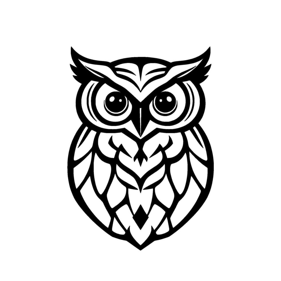 Stylized Black and White Owl Illustration with Geometric Feather Patterns and Large, Intricate Eyes in a Clean, Isolated . vector