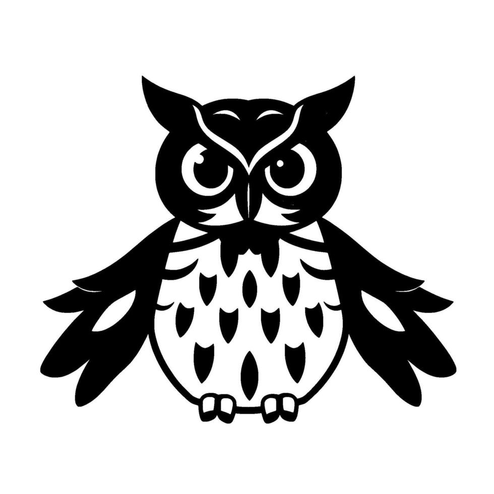 Stylized Black and White Owl A symmetrical, illustration with large, focused eyes, wings spread. vector