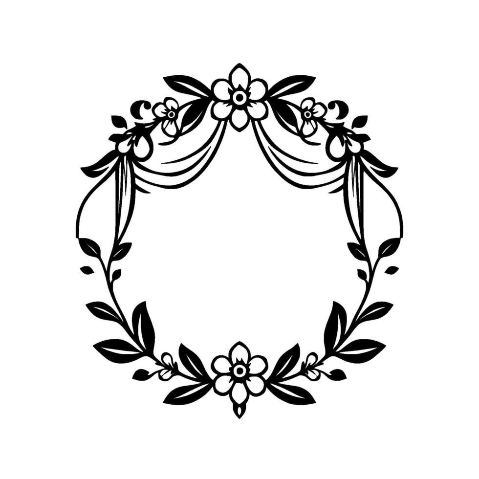 Elegant Circular Black Floral Frame , Featuring Flowers, Leaves, and Curvilinear Elements on White. vector