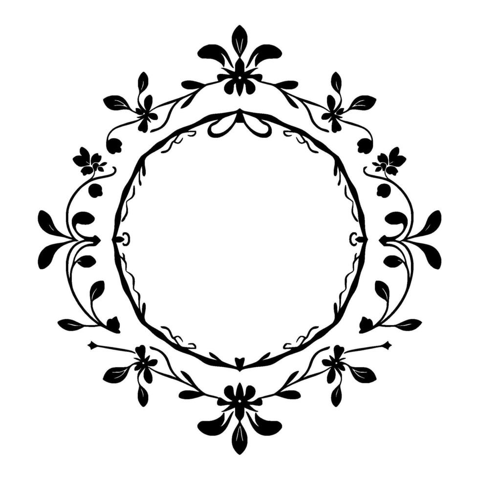 Intricate Floral Frame A symmetrical black and white illustration of a circular featuring stylized flowers, leaves, and ornamental flourishes. vector