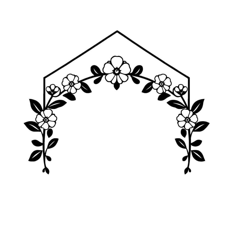 Elegant black and white floral arch , featuring a decorative geometric frame with stylized flowers and leaves on white background, perfect for invitations and elements. vector