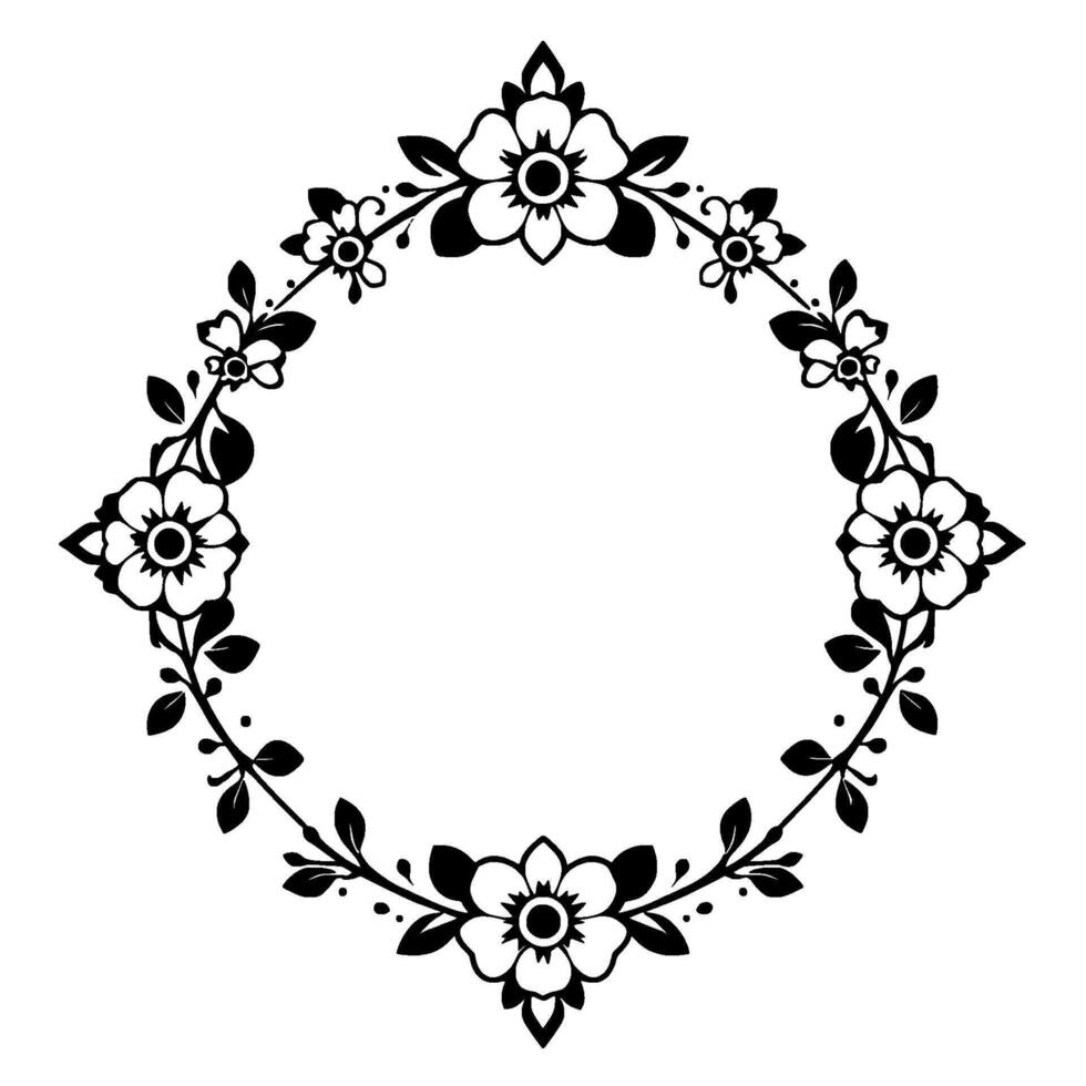 Elegant Black and White Floral DiamondShaped Frame, Illustration with Detailed Flowers and Leaves, Ideal for Decorative Purposes. vector