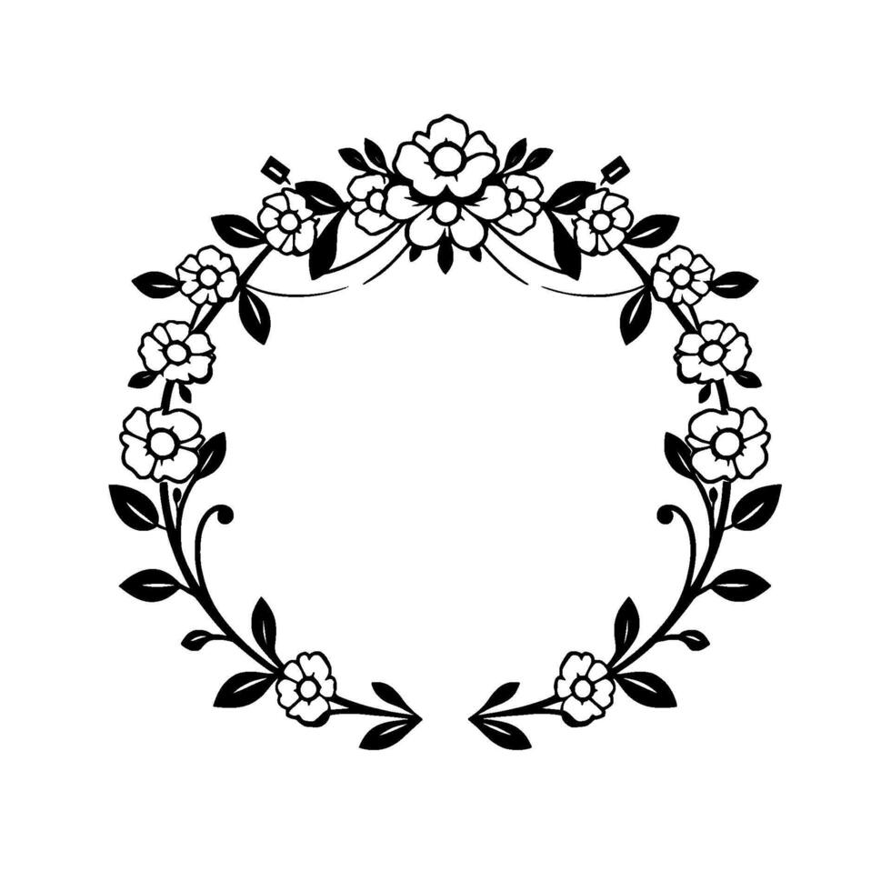 Black and White Floral Wreath A Decorative Circular Arrangement of Blossoms, Leaves, and Vines, on a White Background. vector