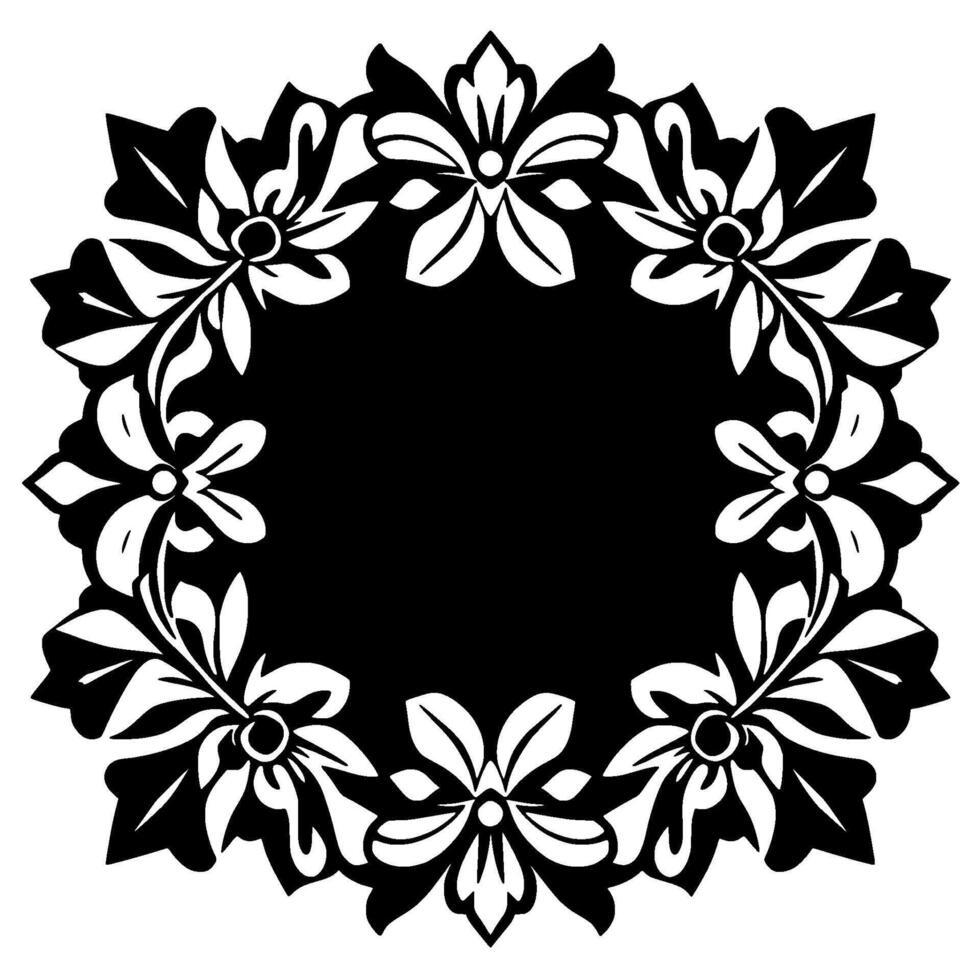 Ornate Black and White Floral Frame , Circular Arrangement of Stylized Flowers and Leaves, Isolated on White, for Graphics. vector