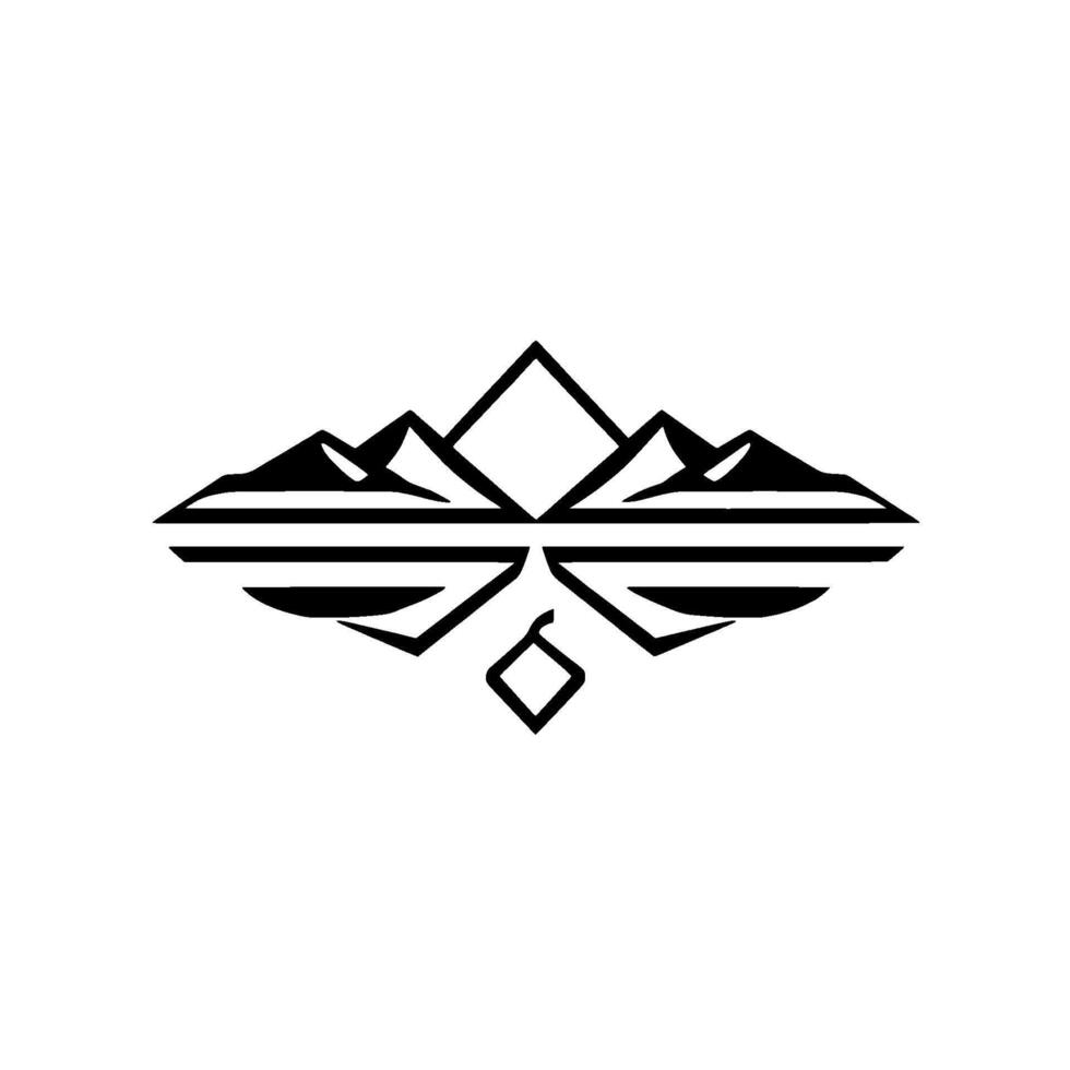 Symmetrical Black and White Mountain and Water Reflection with Abstract Geometric Elements on a White Background. vector