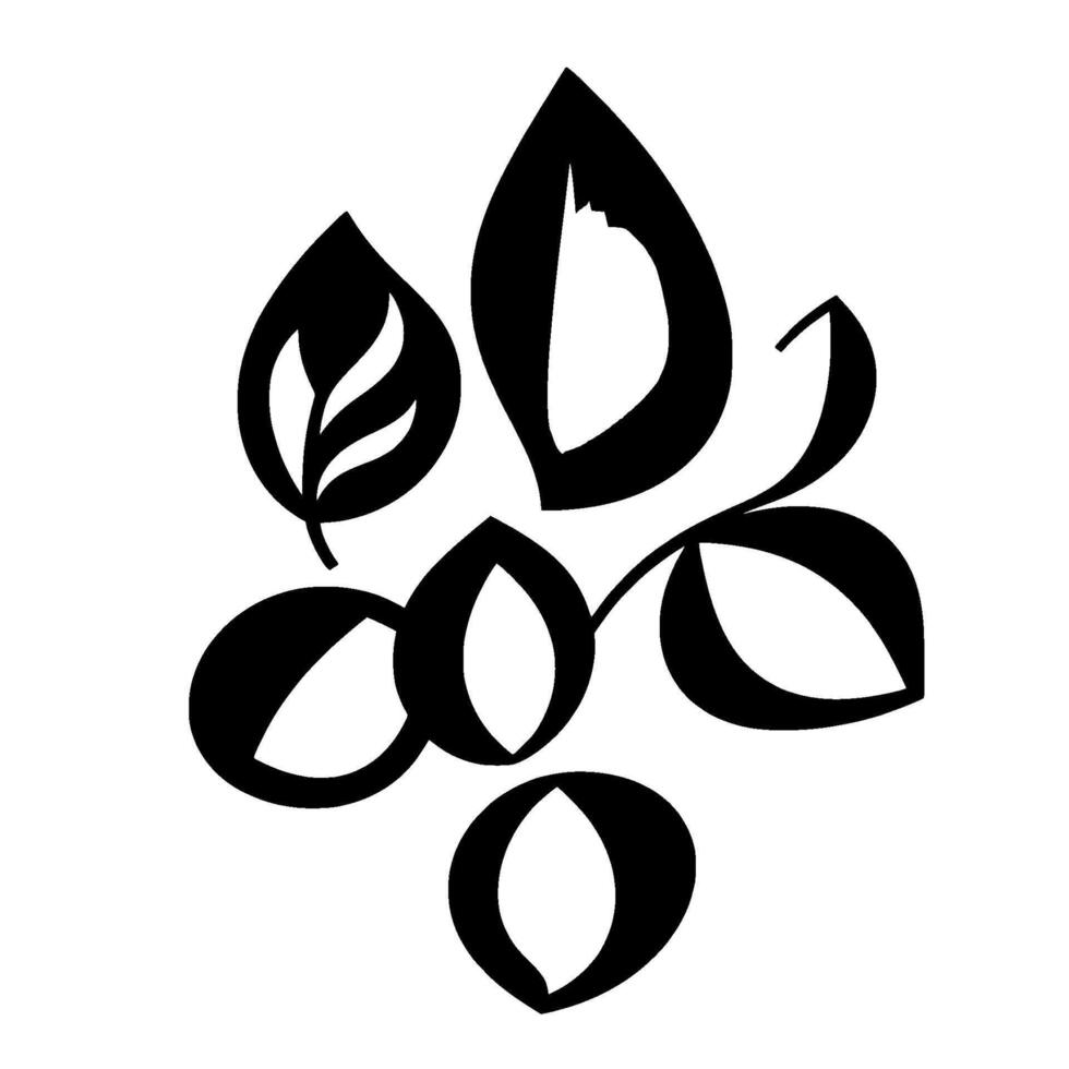 Abstract botanical illustration of stylized leaves and ovoid shapes, rendered in bold black lines and white negative space. vector