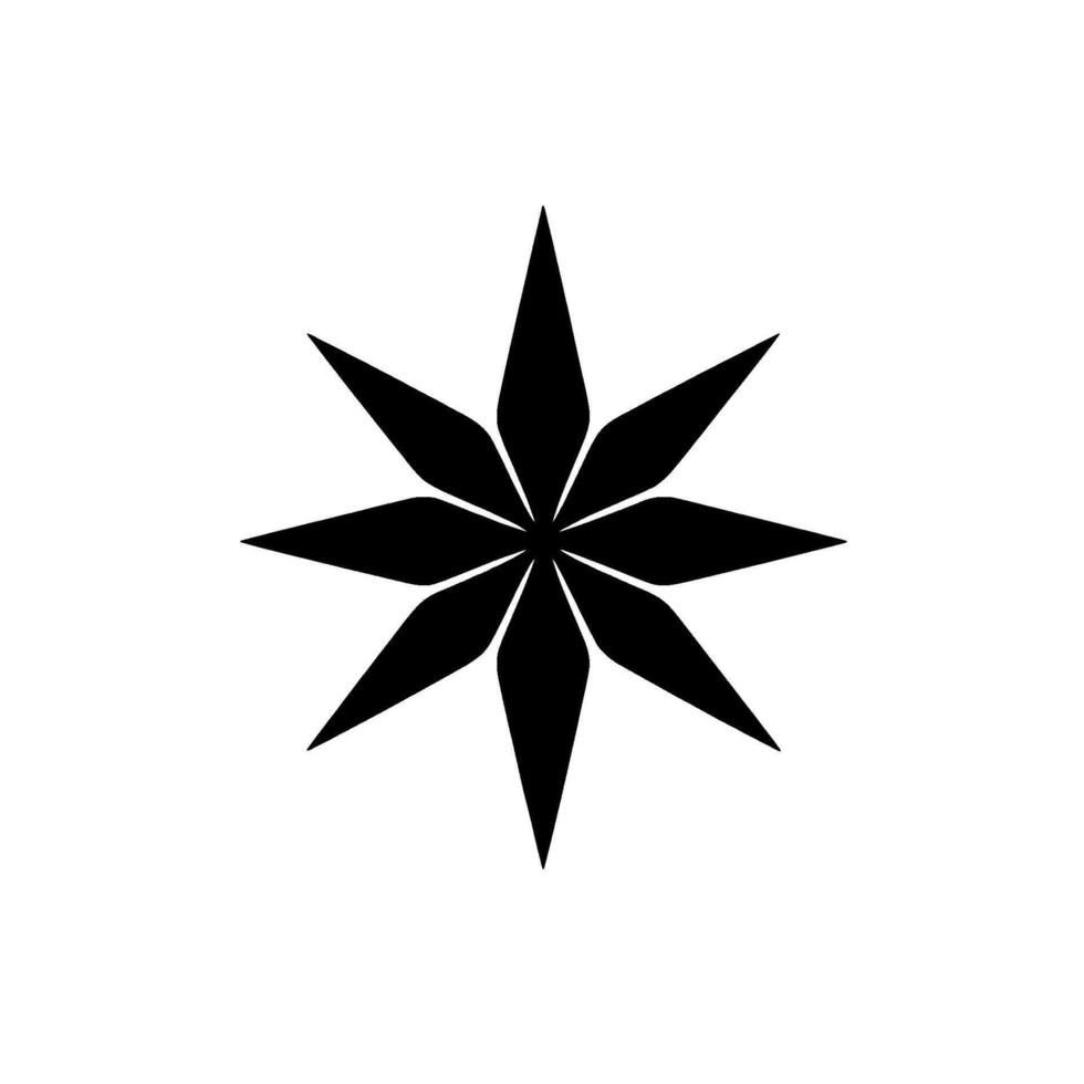 Bold, symmetrical black eightpointed star glyph on clean white background, minimalist aesthetic with sharp geometry. vector