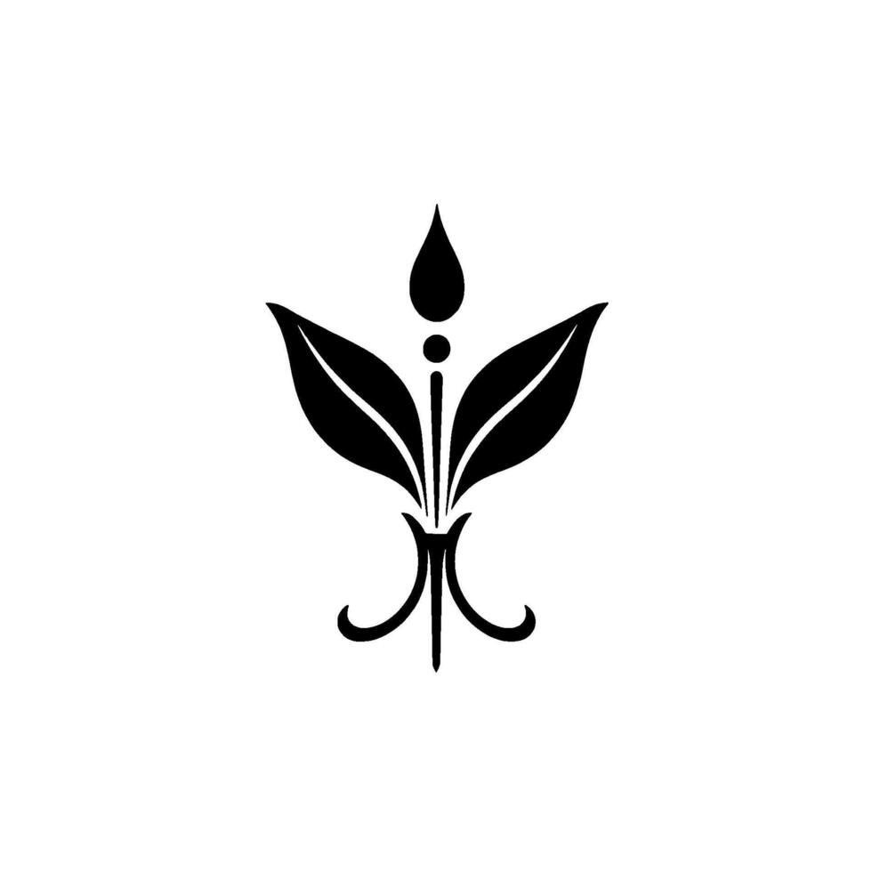 Minimalist Black and White Floral Illustration with Three Leaves, a Bud, and a Delicate Base, Set Against a White Background. vector