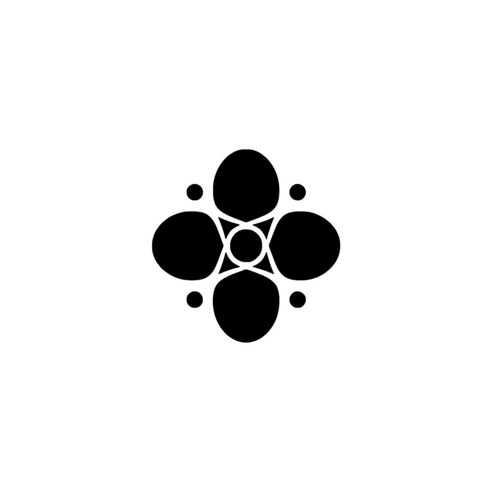 A symmetrical, minimalist featuring four dark circular shapes around a central geometric pattern and dots against a white backdrop. vector