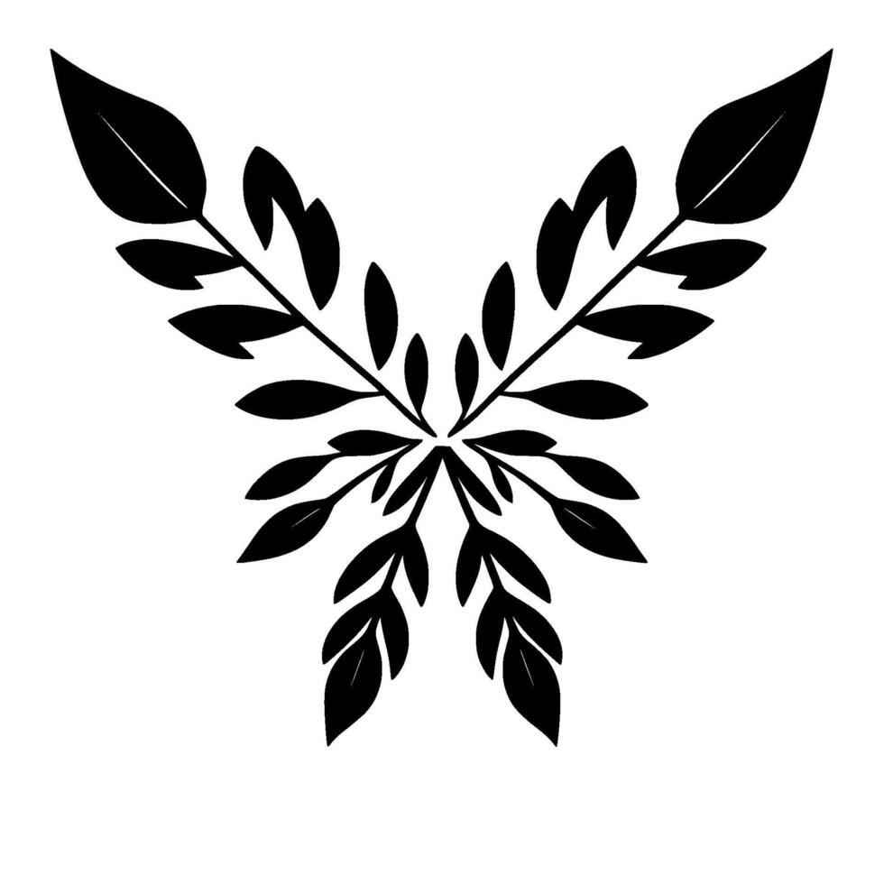Symmetrical Black Leaf Arrangement on White Background, Elegant Floral Motif Resembling Wings or a Butterfly. vector
