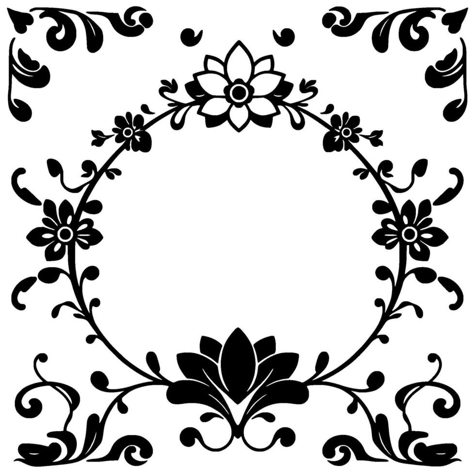 Ornate black and white floral circular frame with stylized flowers, leaves, and intricate decorative flourishes on a clean white background. vector