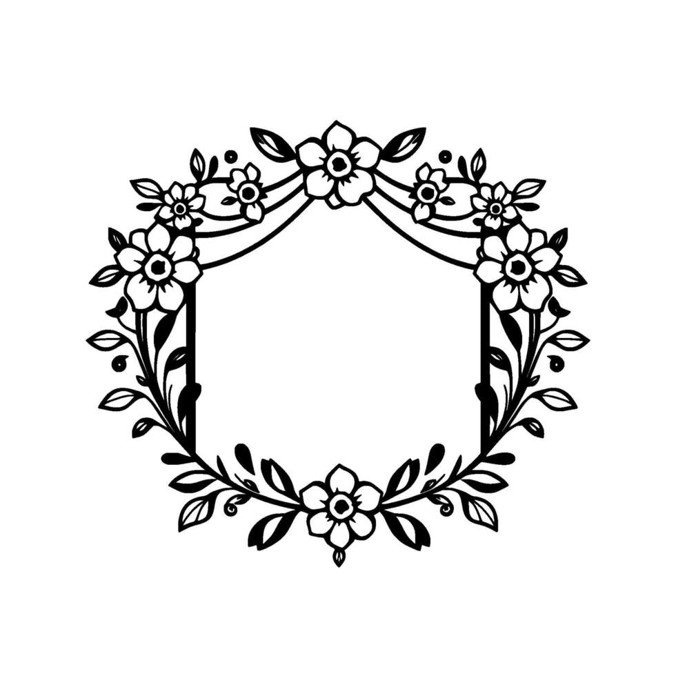 Elegant Black and White Floral Frame A Symmetrical Hexagon Adorned with Delicate Blossoms and Leafy Vines, Ideal for Invitations and Decorations. vector
