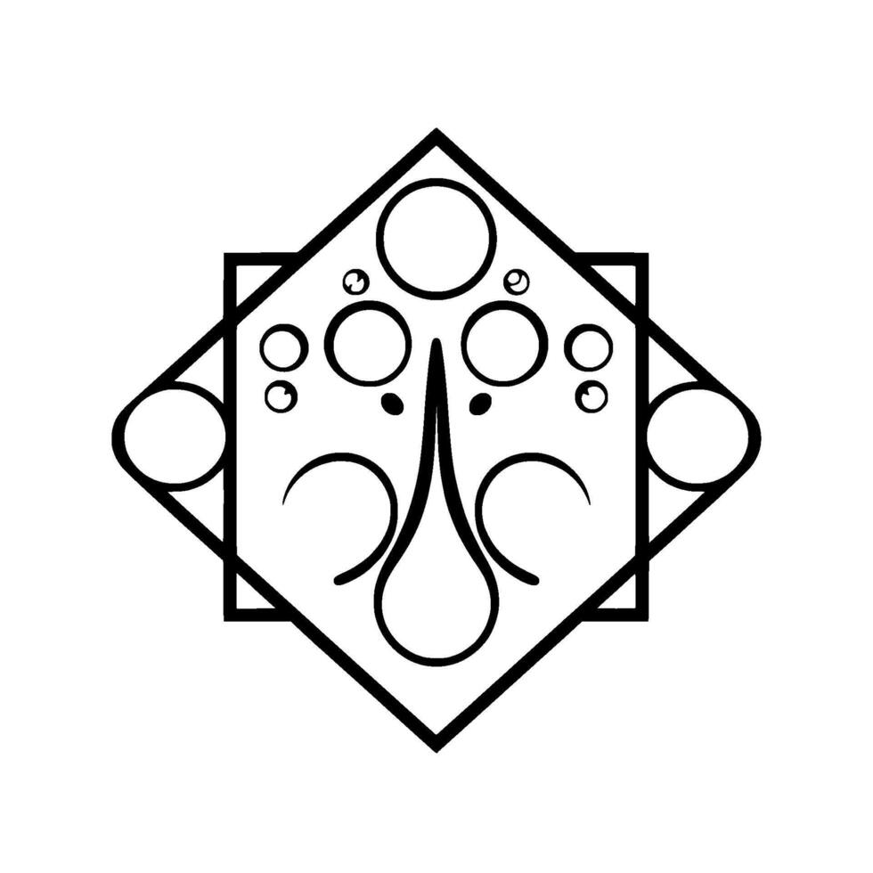 Abstract symmetrical black and white geometric composition a diamond framework with circles and curves creating a balanced, modern . vector