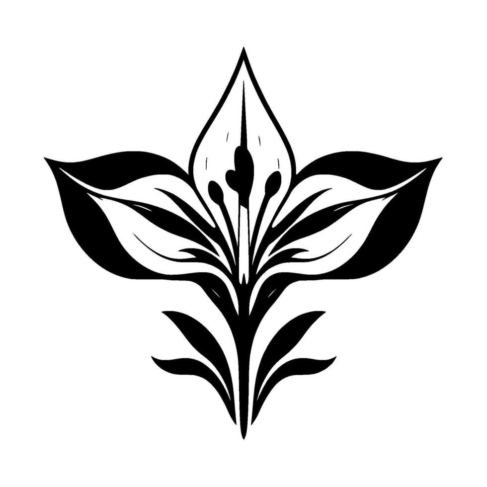 Symmetrical Black and White Floral Illustration with a Central HeartShaped Motif and Detailed Leaf Structure on a White Background. vector