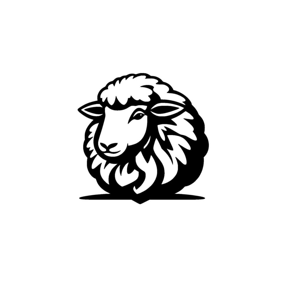 Bold Black and White Sheep A minimalist illustration of a fluffy sheeps head, with detailed wool texture, a friendly expression on a plain white background. vector