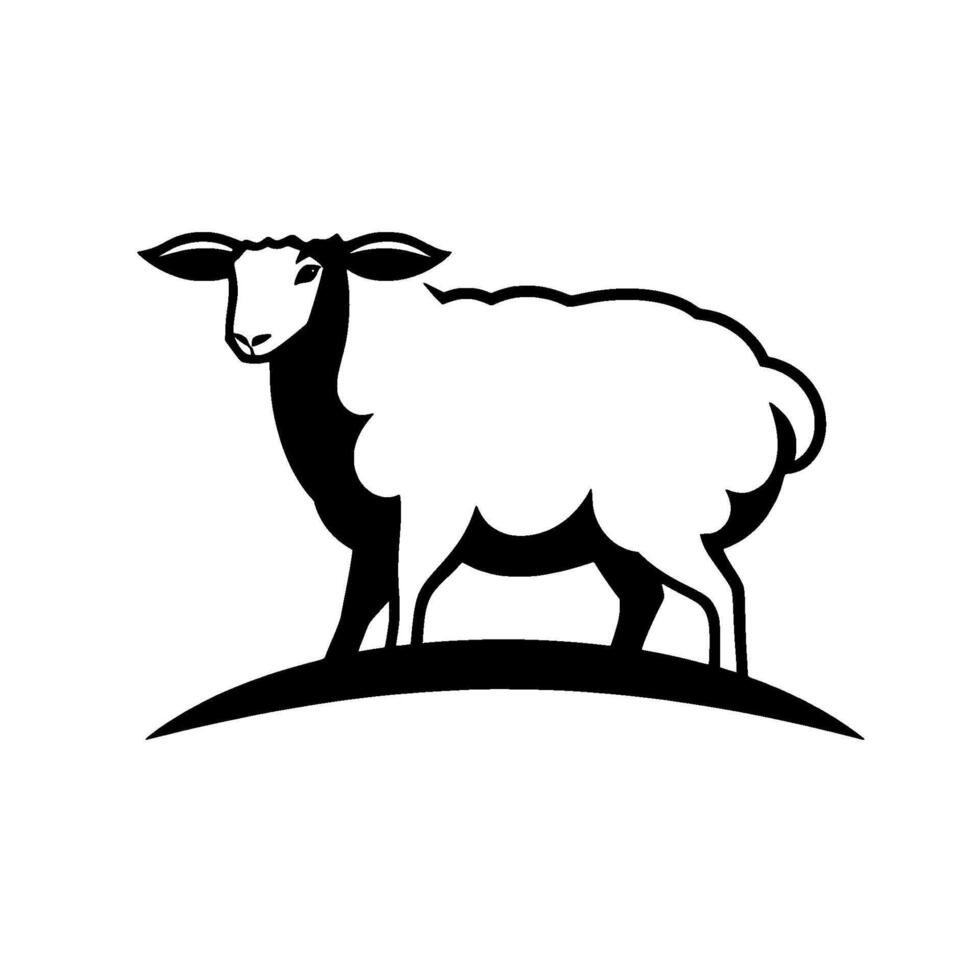A stylized, highcontrast black and white illustration of a sheep standing on a slight hill, with minimalist elements. vector