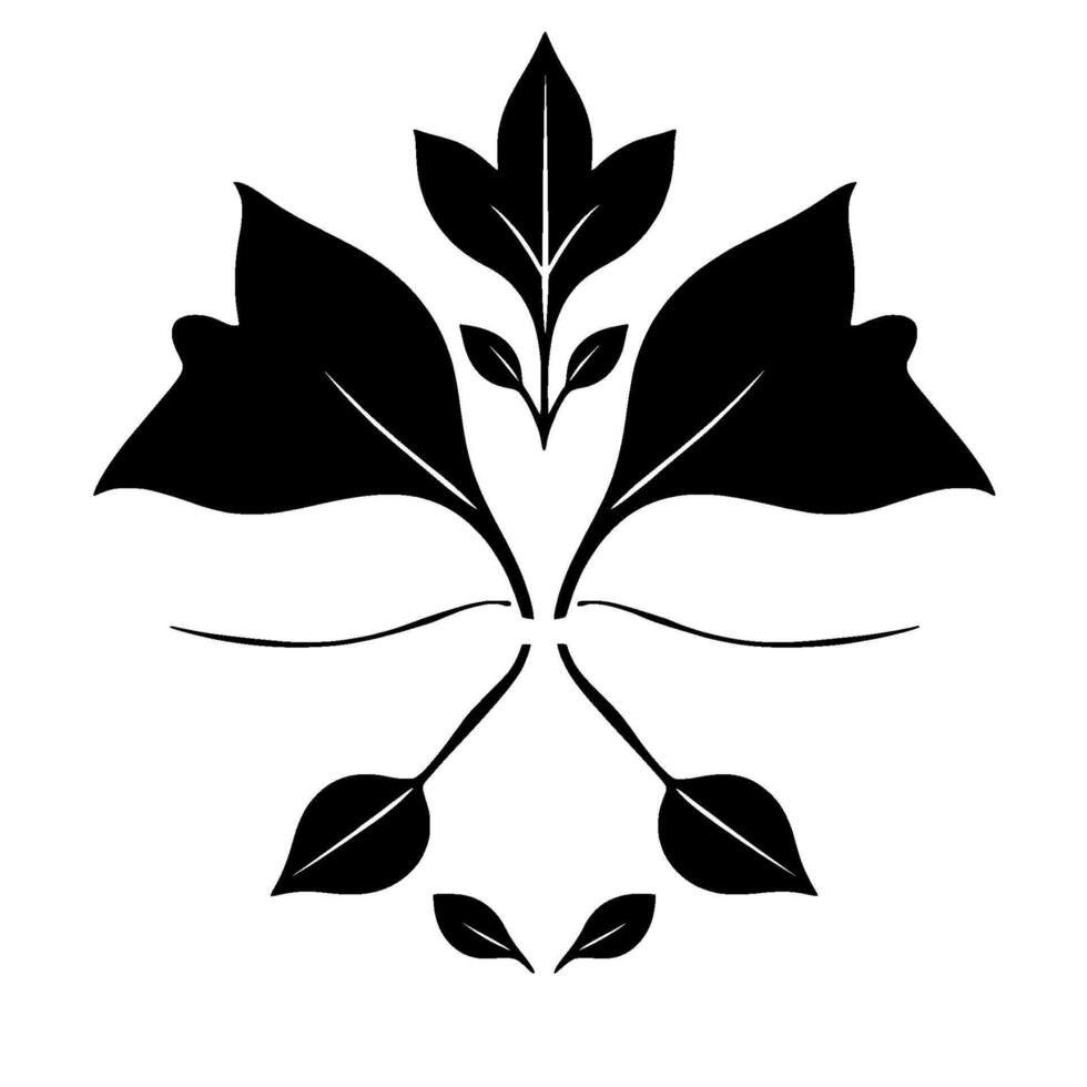 Symmetric Black White Floral Composed of Leaves with Artistic Lines Minimalist Aesthetic on White Background. vector