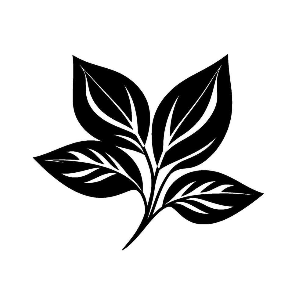 Stylized Black and White Illustration of a Leafy Plant Branch with Veined Leaves Against a Clean White Background, Minimalist . vector