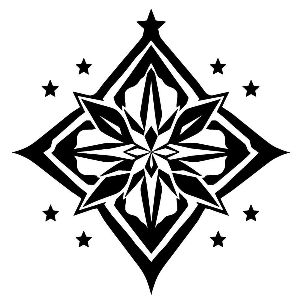 Abstract black and white floral with symmetrical pattern, star accents, geometric shapes, and a contemporary minimalist aesthetic on a white background. vector