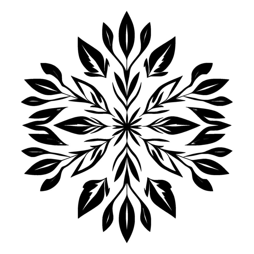Symmetrical Black and White Floral Mandala Featuring Leaves and Abstract Organic Shapes. vector