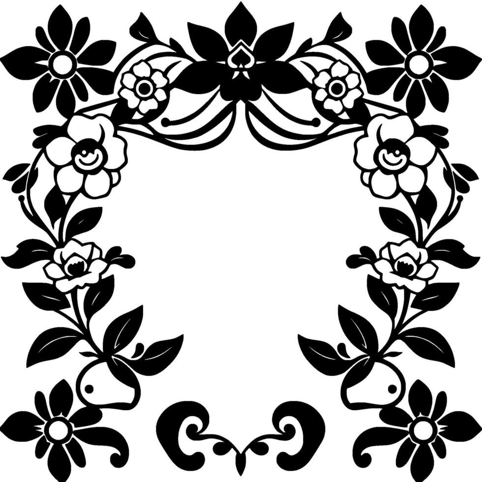 Elegant Black and White Floral Frame , Featuring Diverse Flower Types with Stylized Leaves and Vines, Minimalist Aesthetic. vector