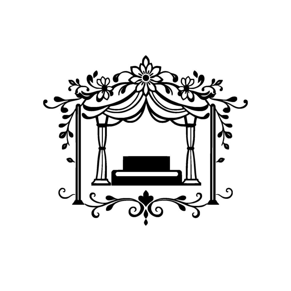 Ornate Black and White Wedding Chuppah Illustration with Floral and Scroll Embellishments, Featuring BooksPodium. vector