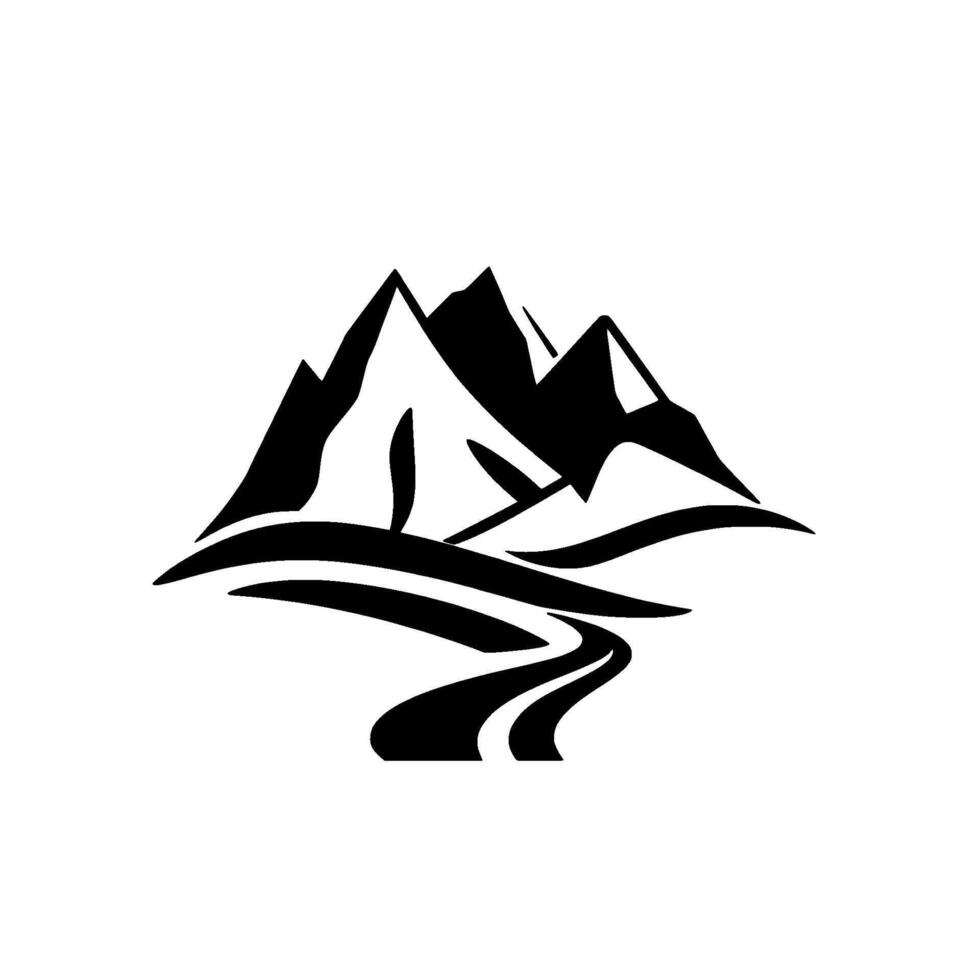 A stark minimalist illustration of majestic mountain peaks and a winding river path rendered in solid black against a white background, evoking a sense of tranquility and adventure. vector