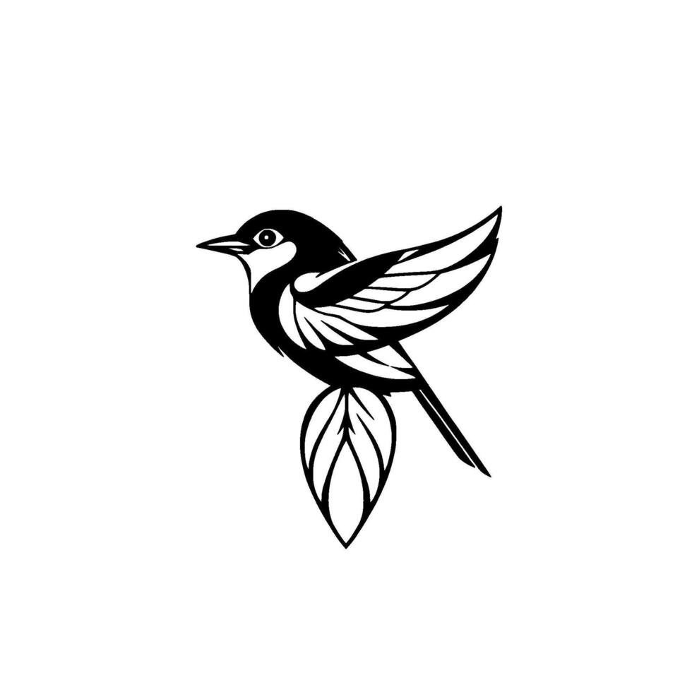 Minimalist Black and White Illustration of a Bird Perched on a Leaf, Featuring Intricate Wing Detail and Simplistic Aesthetic. vector