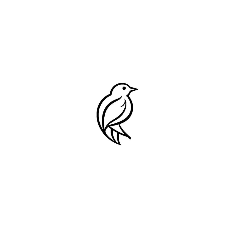 Simple Black Outline of a Perched Bird on White Background, Minimalist with Curved Lines and Geometric Shapes. vector
