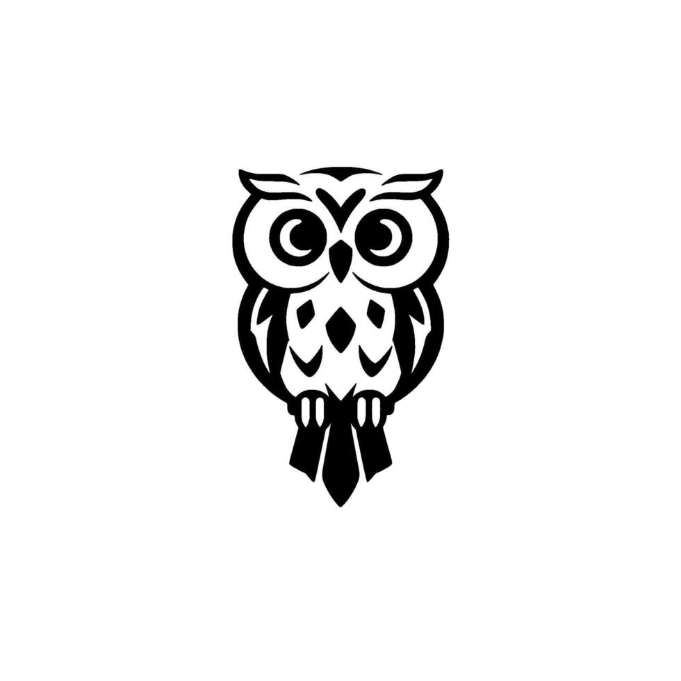 Simple, clean, and striking black and white symmetrical stylized owl illustration on a bright, neutral white background. vector