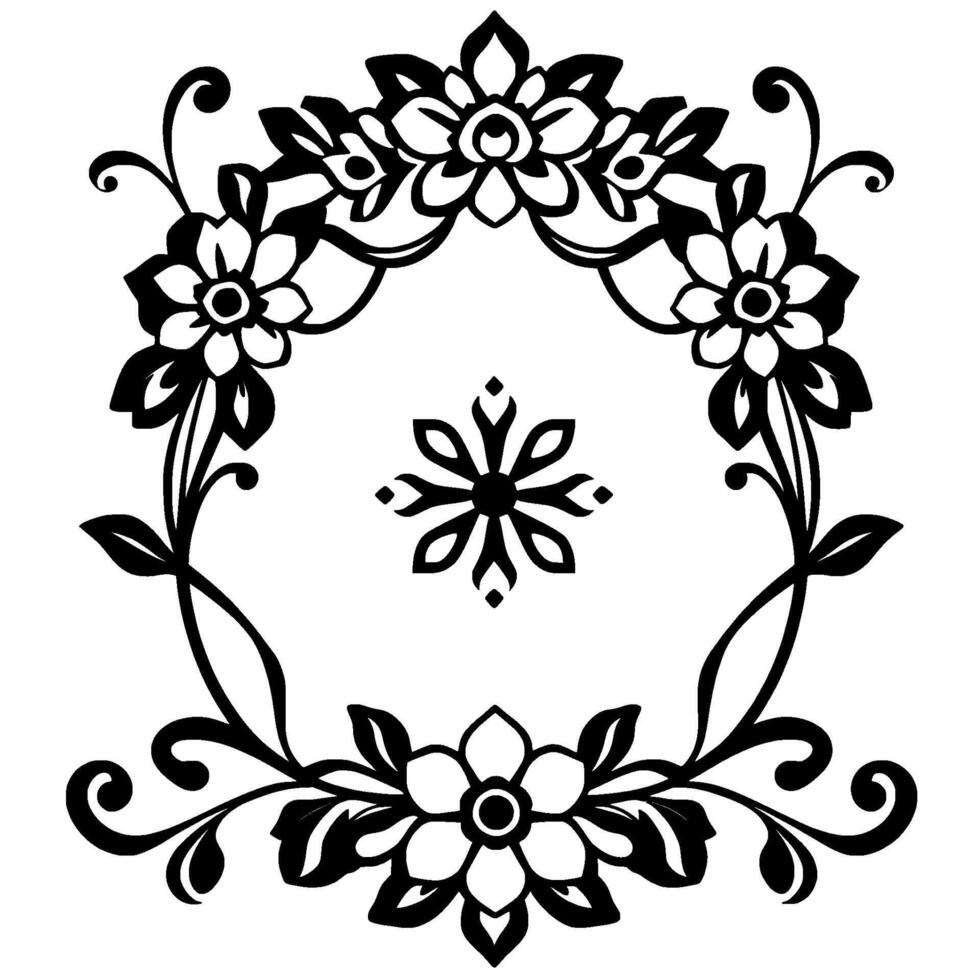 Ornate Black and White Floral Symmetrical Circular Wreath with Central Starburst Element and Leafy Details. vector