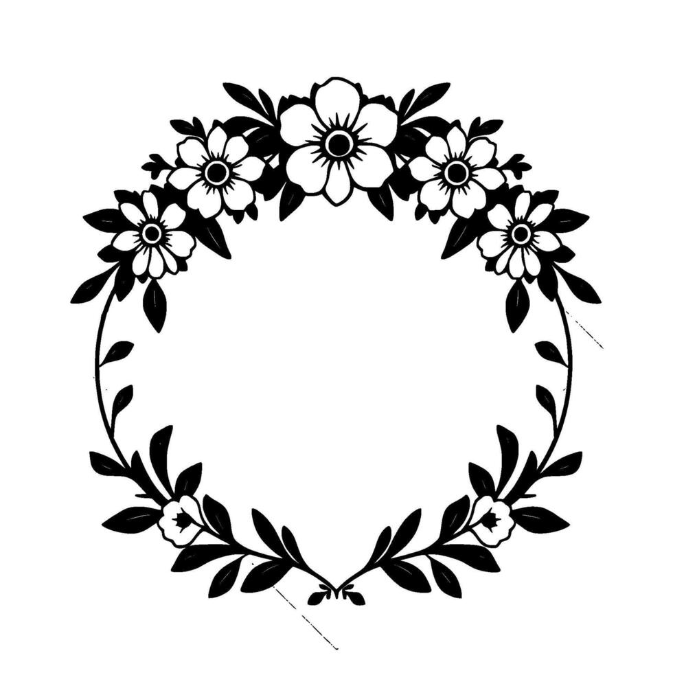Monochrome Floral Wreath with White Blossoms, Black Leaves, and a DiamondShaped Frame, Ideal for Invitations. vector