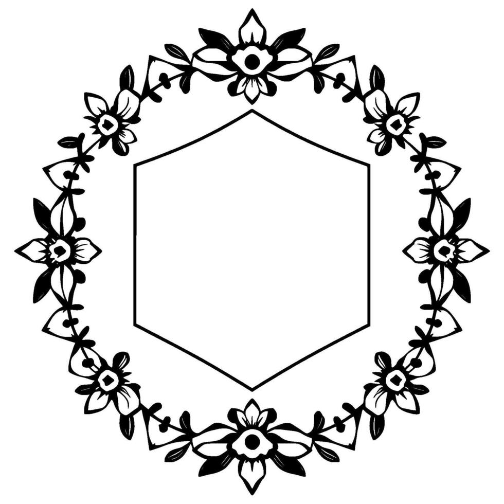 Detailed Black and White Floral Wreath Ornament Frame, Surrounded Hexagon Shape, Decorative Nature Element, Minimalist . vector