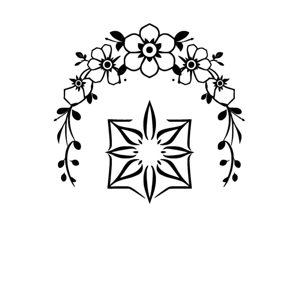 Black Floral Arch and Geometric Star , Minimalist Monochrome Illustration with Botanical and Geometric Symmetry on White Background vector