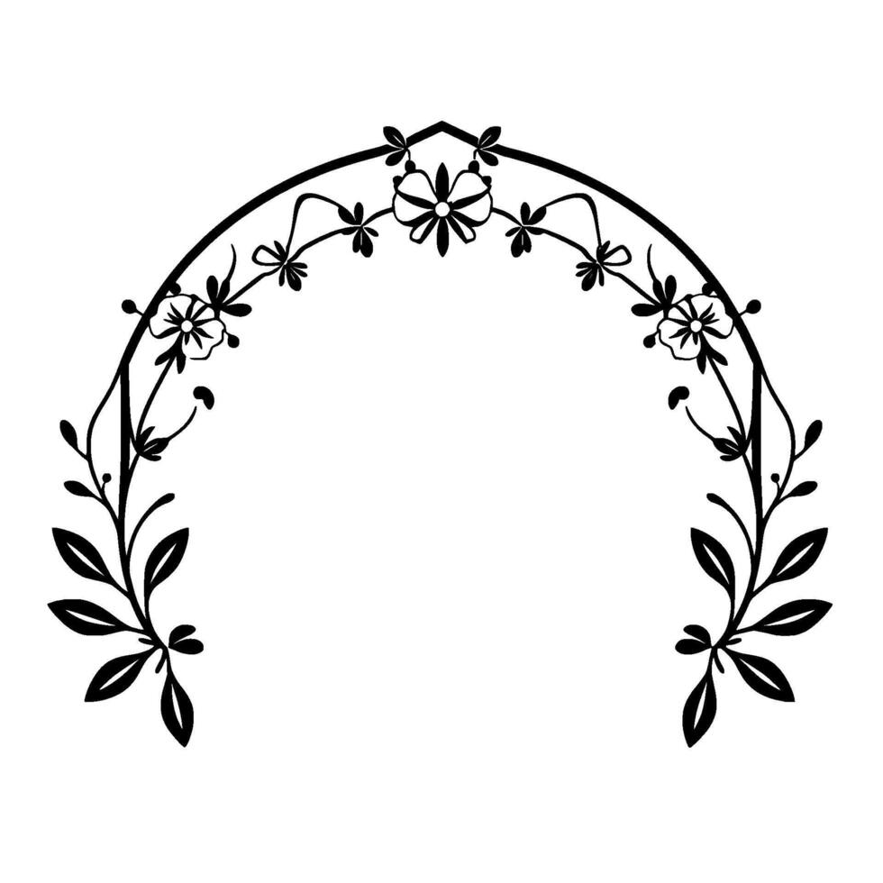 Elegant Black and White Floral Arch Frame with Delicate Leaves and Flowers on a White Background. vector