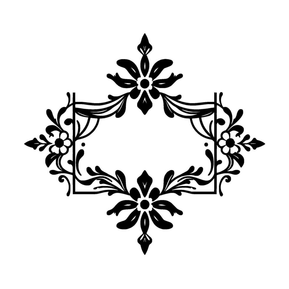 Symmetrical black floral frame with an open, blank center, elegant leaves and flower details, isolated on white. vector