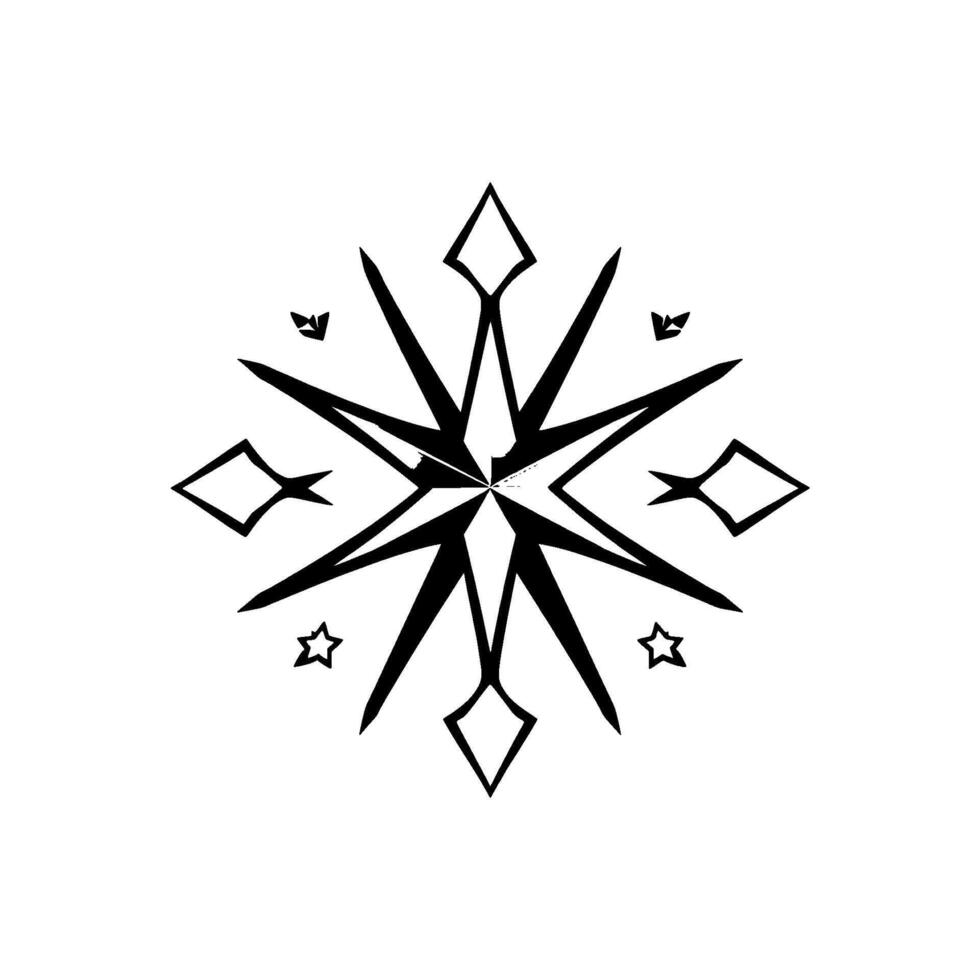 Geometric snowflakelike starburst with shaded center and diamond accents, black and white minimalist . vector
