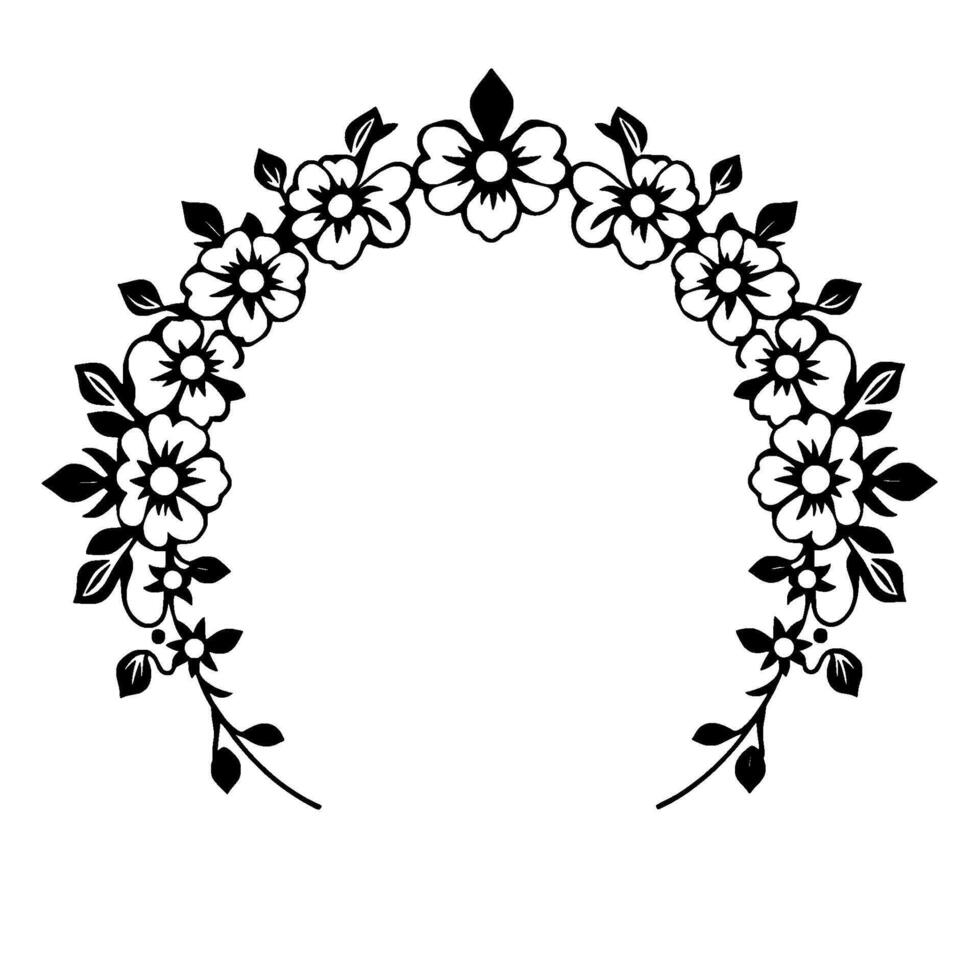 Elegant Black and White Floral Arch Decorative symmetrical featuring blossoming flowers and leaves arranged in a graceful semicircular frame. vector