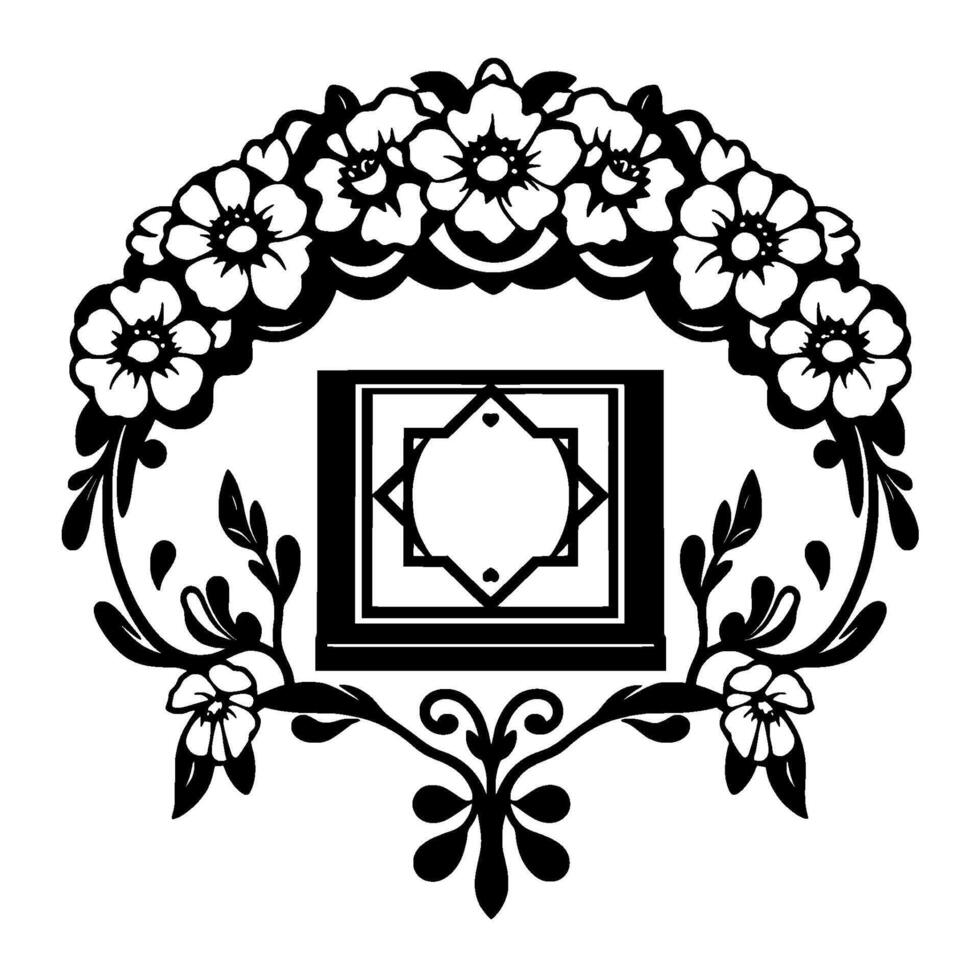Ornate Black and White Floral Frame with Geometric Center, Decorative Border, and Minimalist , Perfect for Invitations vector
