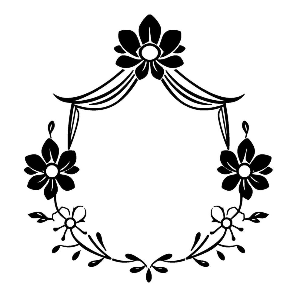 Elegant Black Floral Wreath with Ornate Flowers and Leafy Elements on a White Background, Suitable for Decorative Purposes. vector