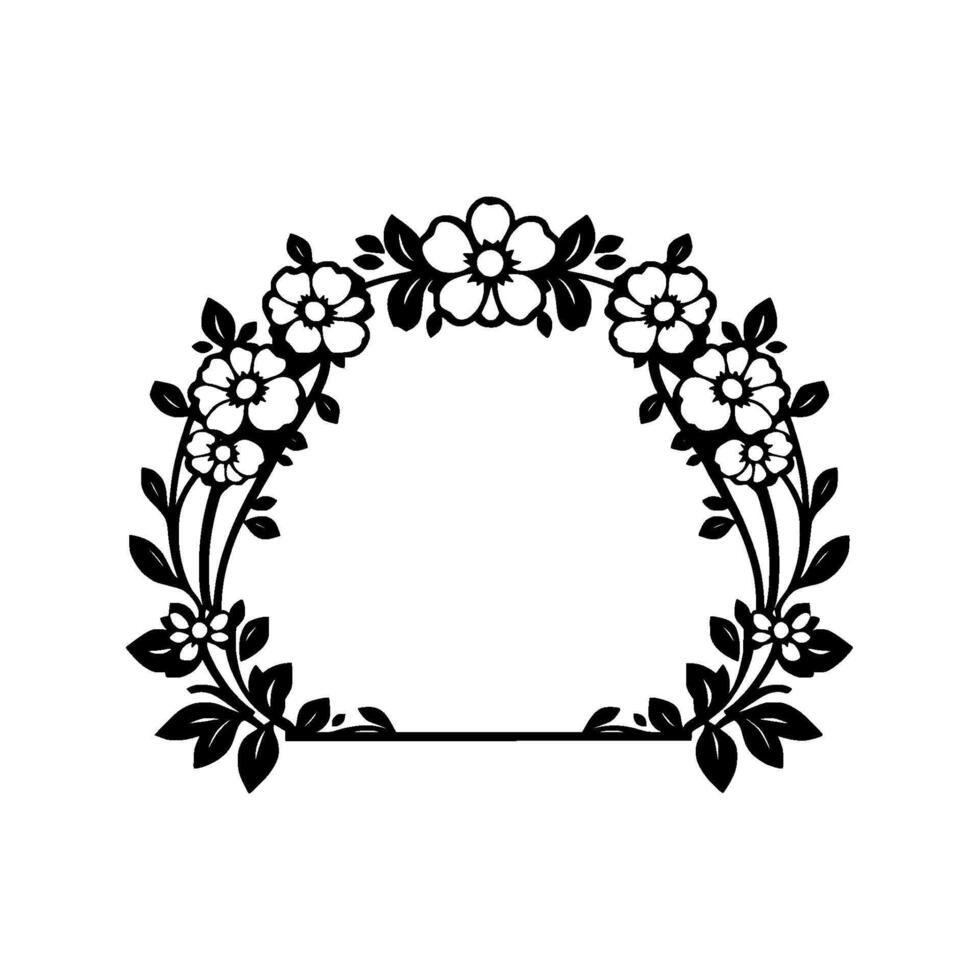 Elegant Black and White Floral Wreath Border with Detailed Blossoms, Leaves, and a Rectangular Opening. vector