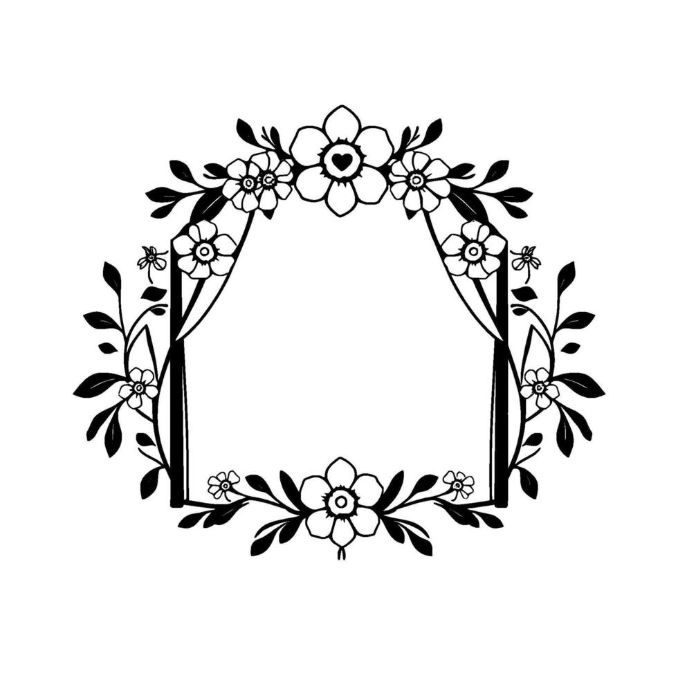 Elegant Monochrome Floral Arch with HeartCentered Blooms and Vine Frame, Ideal for Invitations, Greeting Cards, and Botanical Designs. vector