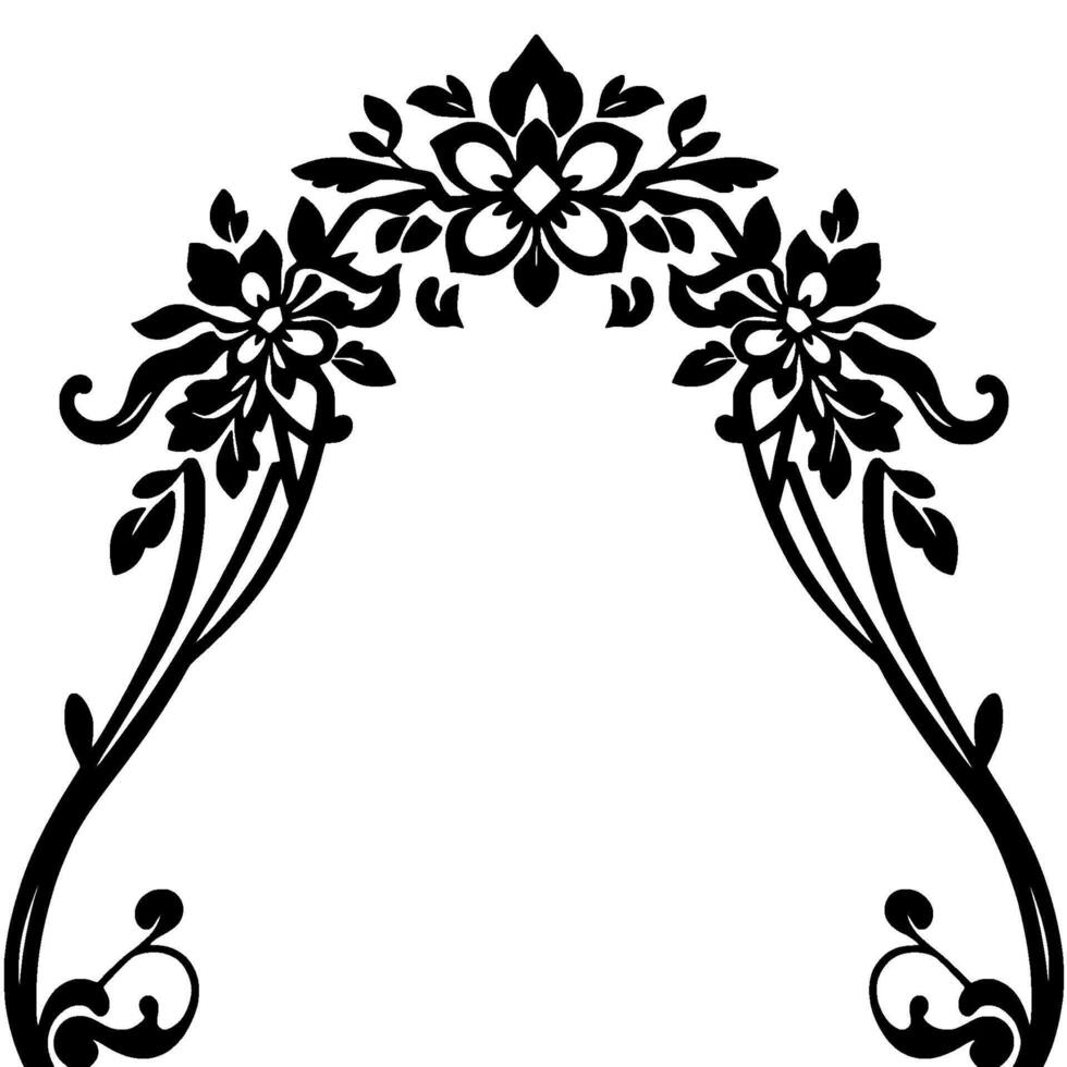 Black floral archway with elegant Art Nouveau flourishes, leaves, and stylized flower designs on a bright white background. vector