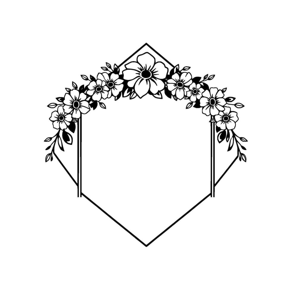 Elegant floral arrangement arches over an empty hexagon frame, a minimal black and white for invitations or decorative purposes. vector