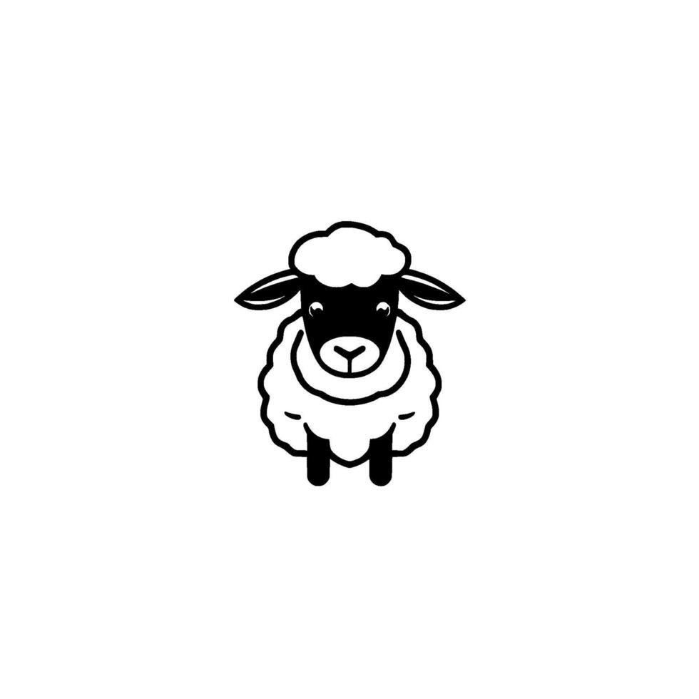 Minimalist, highangle illustration of a sheep with black and white color scheme, centered on a white background, featuring distinctive fluffy wool. vector