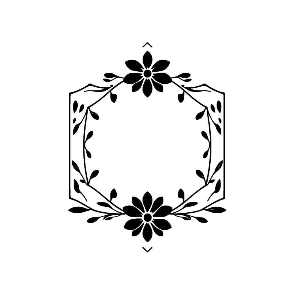 Elegant black floral hexagonal frame with two prominent flowers, detailed leaves and vines, perfect for invitations and minimalist . vector
