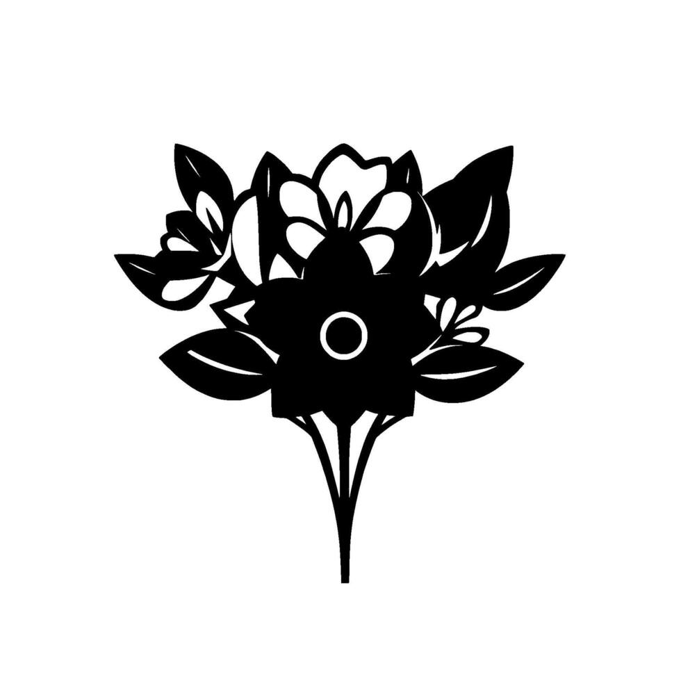 A black and white minimalist illustration of a stylized floral bouquet with multiple blooms, leaves, and stems, on a white background. vector