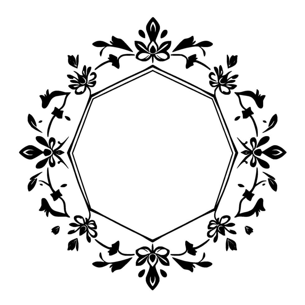 Ornate, symmetrical black and white floral wreath surrounding a geometric frame, evoking classic elements. vector